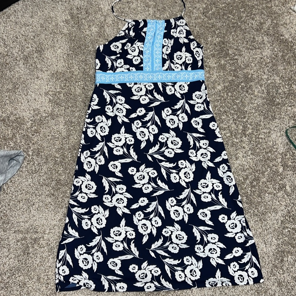 Loft Dress Navy White Floral Halter Size 8